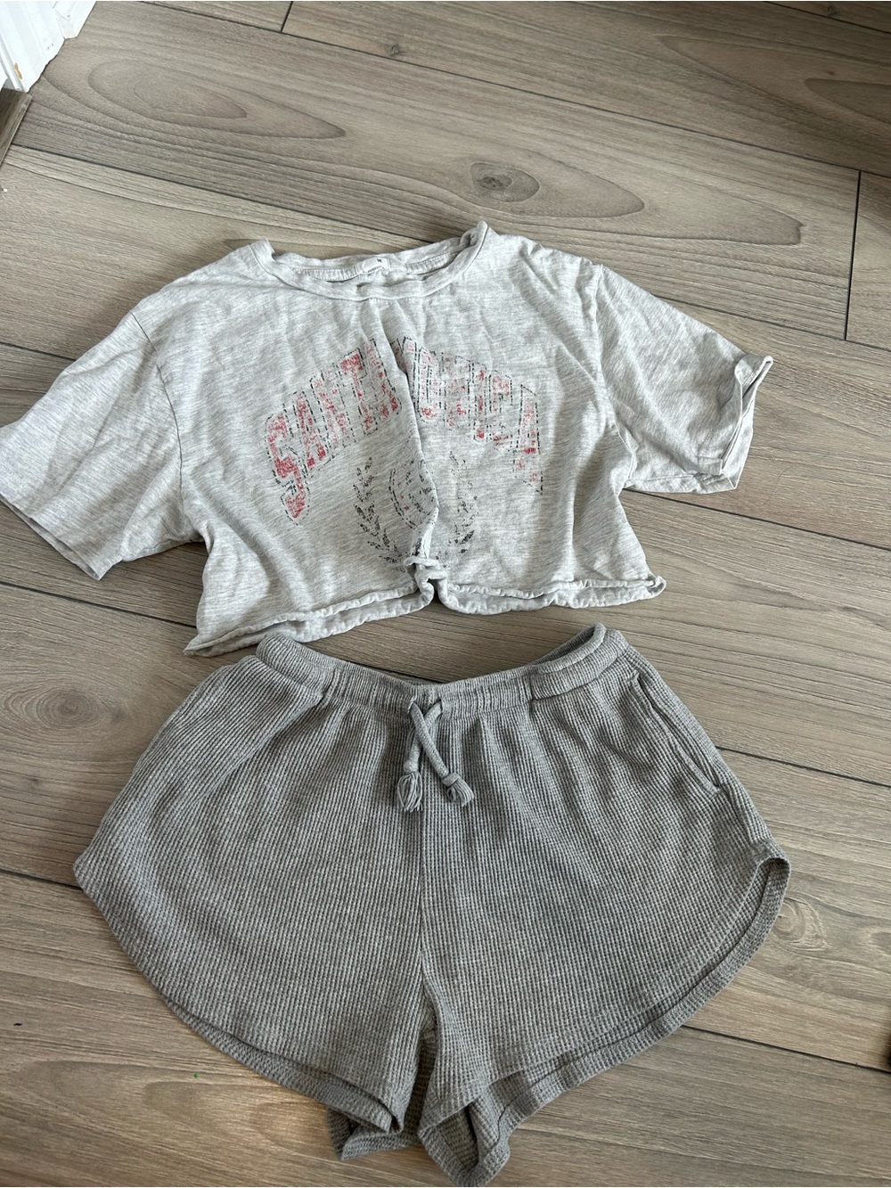 Garage Light Gray Cropped Tee and Ribbed Knit Shorts Set